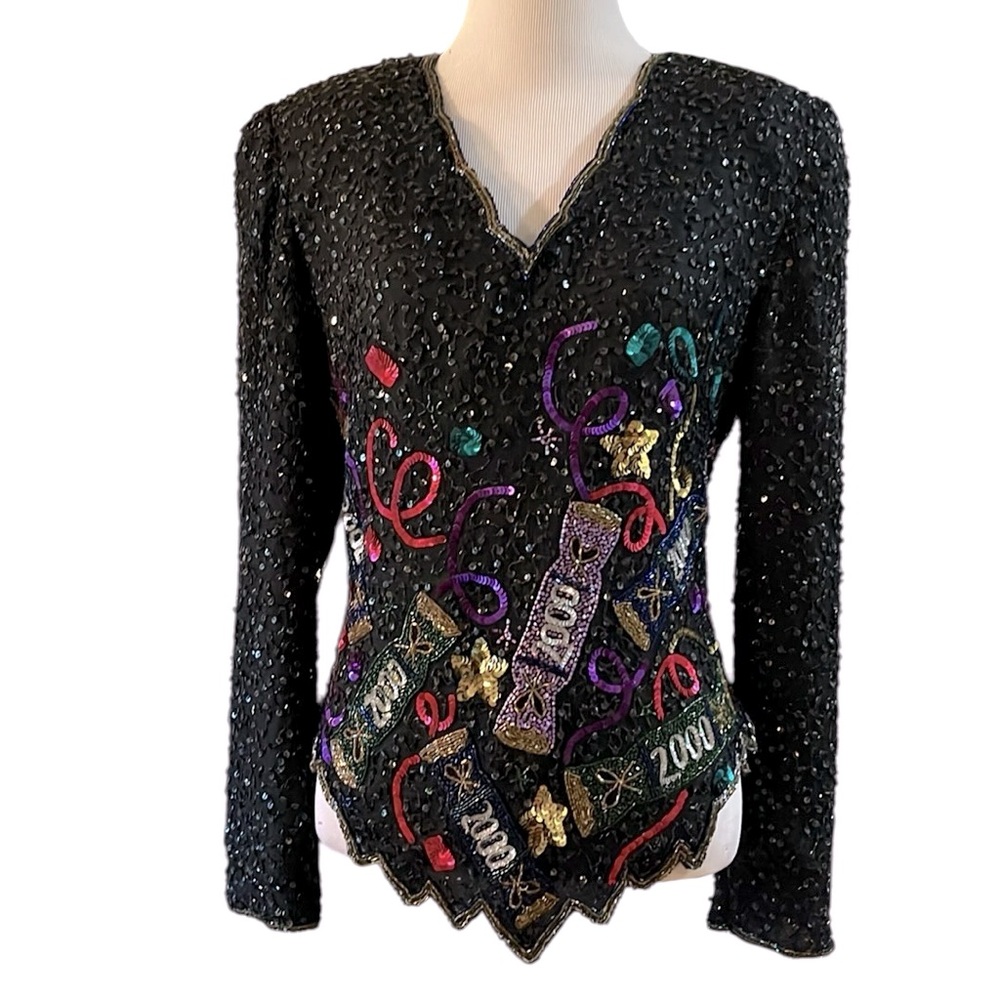 VINTAGE Y2K LAWRENCE KAZAR SILK BEADED SEQUINED NEW YEARS EVE TOP BLK MULTI SZ M